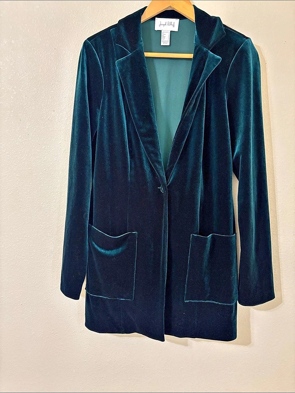 Joseph Ribkoff Velvet Knit One Button Blazer Emerald Green Size Medium
